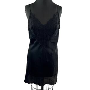 Vintage Val Mode Black Satin Lace V-Neck Lingerie Slip Dress Chemise USA VTG S
